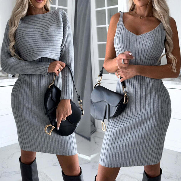 2pcs Solid Stripe Long-sleeved Top And Tight Skirt